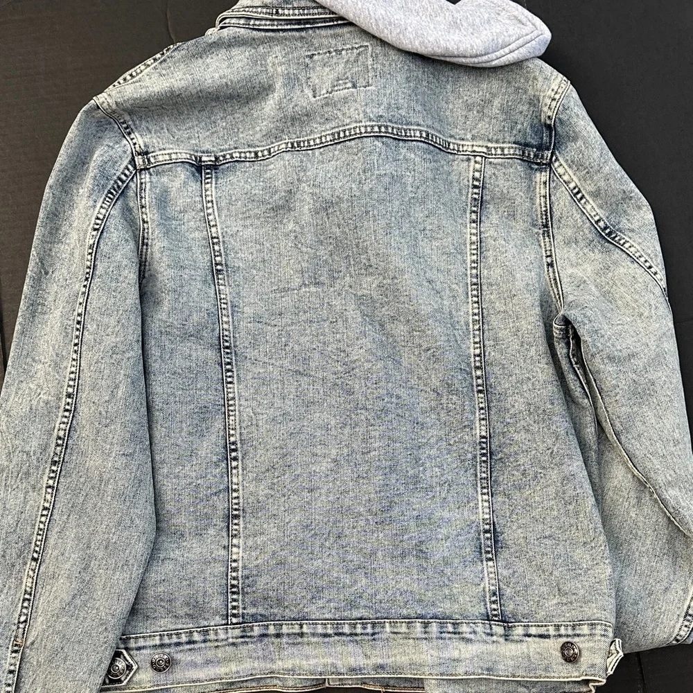 New Guess Blue Denim Jacket with Gray Hood